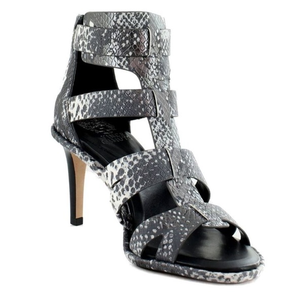 Vince Camuto Frenton Starlight Snake Print Cage Sandals Pewter Gray White 9 - Picture 1 of 11